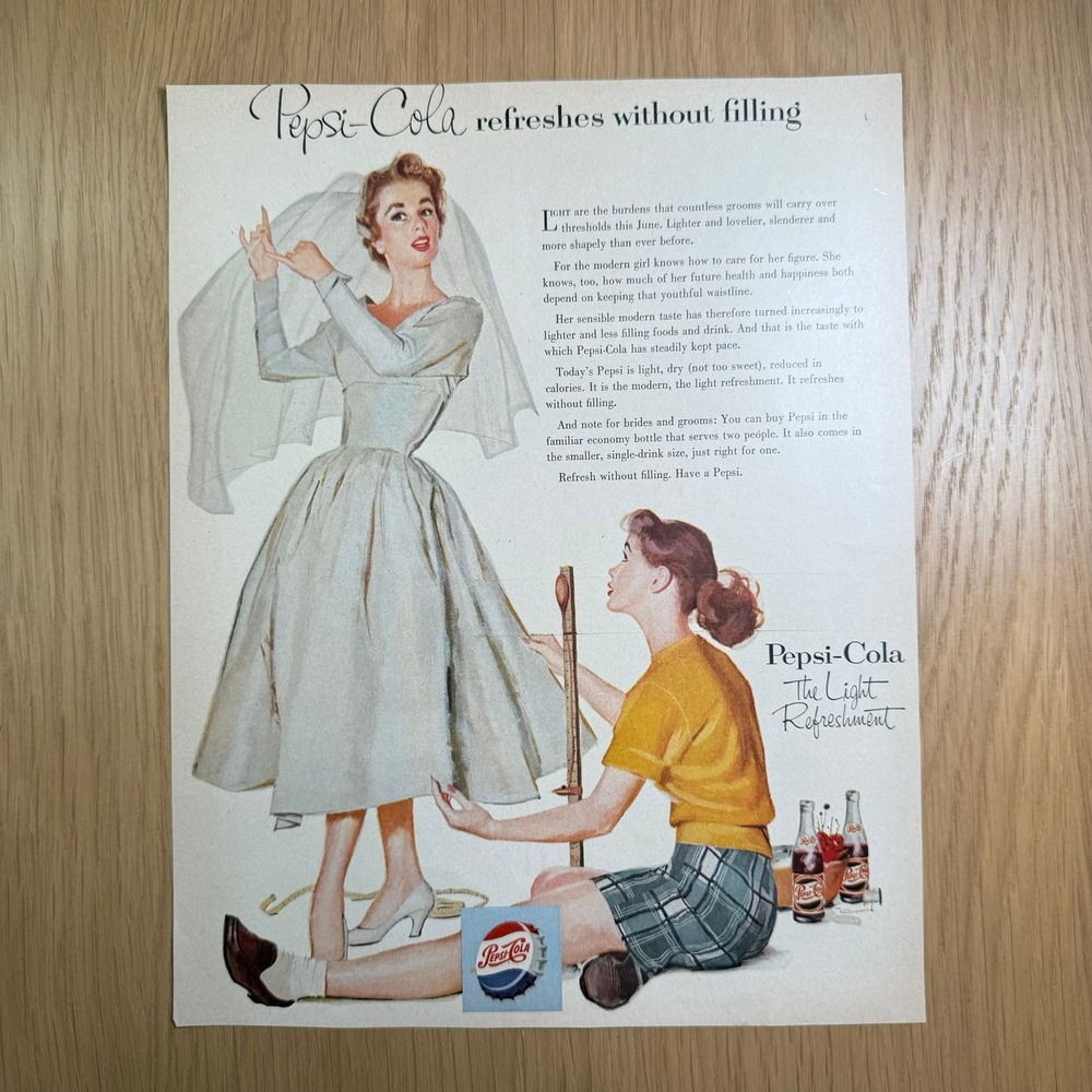 1954 Pepsi-Cola Refreshes Without Filling Print Ad VTG Soda Bride Wedding Art